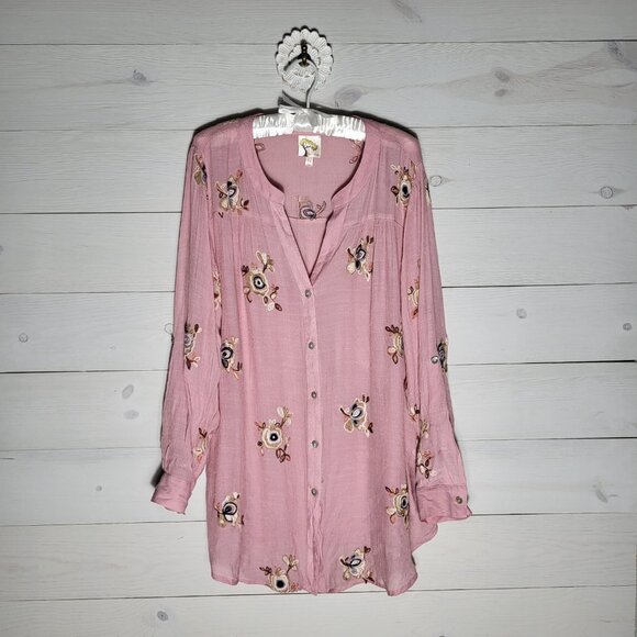 Fig and Flower 1X embroidered floral pink button up shirt. BOHO - Picture 1 of 7